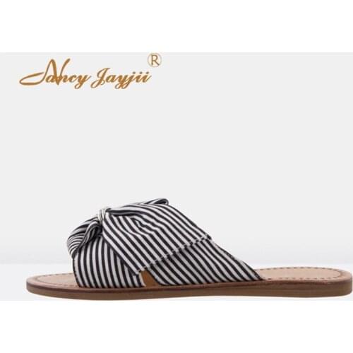 Summer Beach Sweet Slippers Gingham Flats Sandals Butterfly-Knot Slides Open Toed Large Size 11 15 For Woman Footwear Casual