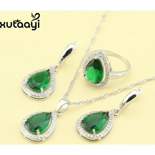 Hot-selling Water Drop Green Imitated Emerald White Zircon Silver Jewelry Set Ring Size 6/7/8/9/10 Christmas Gift