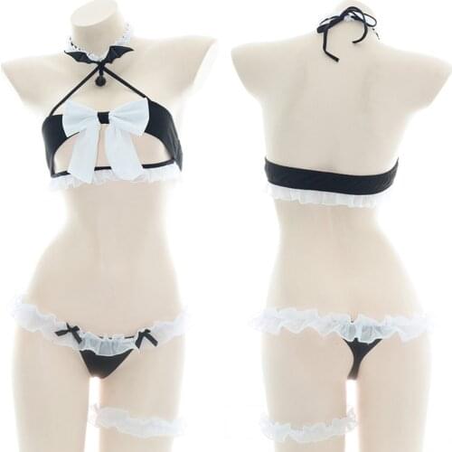 Cute Big Bowknot Sexy Soft Girl Kawaii Bikini Suit Women Halter Lace-Up Ruffle Bra & Panties Underwear Set Private Pajamas