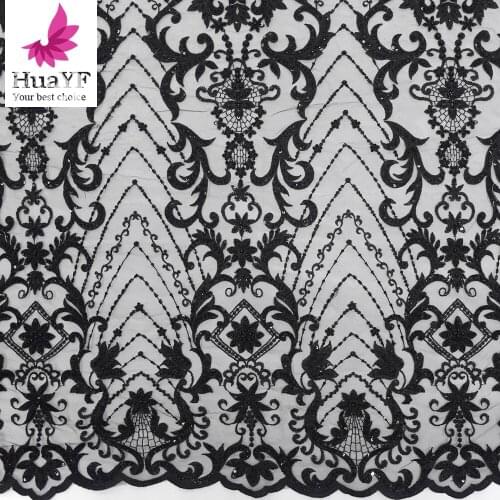 Fashion Black Embroidery Net Lace Sequins Fabrics With Beads For Evening Dress HY1267