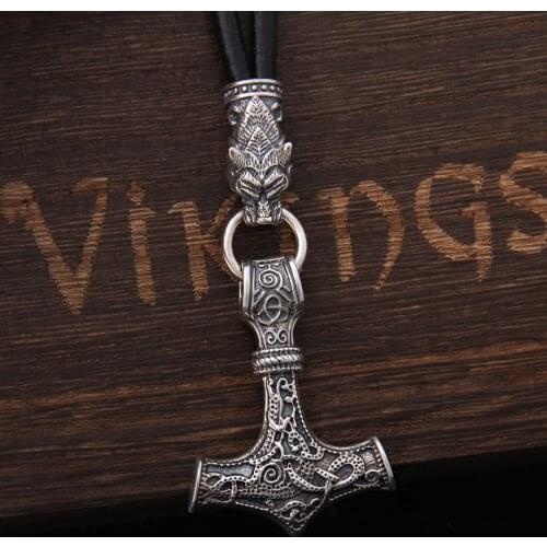 S925 Sterling Silver Viking Wolf heads with thors hammer mjolnir pendant leather men necklace as christmas gift
