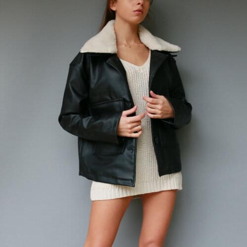 New Women Spring Autumn Faux Leather Jackets Fur Collar Loose Casual Coat Turndown Collar Streetwear Outerwear