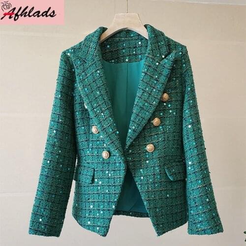 Autumn And Winter New Casual Turn-Down Collar Coats Sequined Double-Breasted Jackets Plaid Streetwear Fashion Outerwear