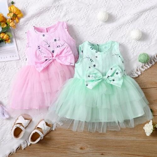 1-5 Years Casual Dresses Baby Girl Clothes Little Girls Tulle Dress, Sleeveless Crew Neck Floral Print Bowknot Tiered Tutu Dress
