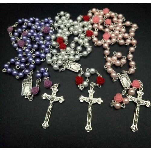 Cross Necklace religious Simulated Pearl Beads Red Rose Catholic Rosary Necklace Women Long Strand Necklaces Jesus Jewelry Gift