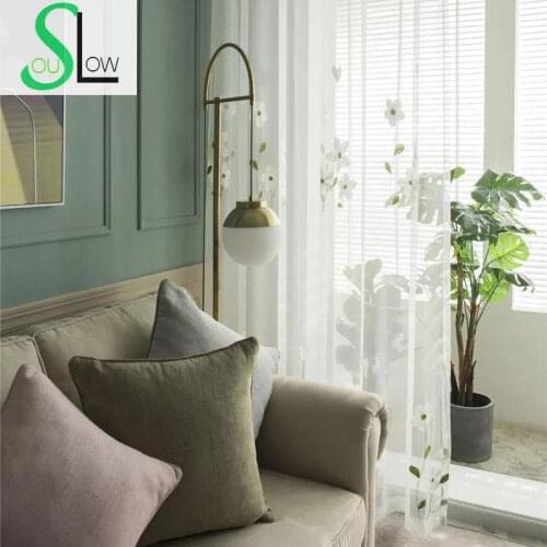 Slow Soul Magnolia White Floral Green Leaves Tulle Embroidered Pastoral Curtains For Living Room Bedroom Kitchen Sheer Curtain