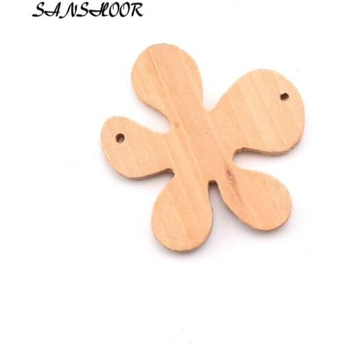 SANSHOOR 52mm*52mm Unpainted Five-petal Flower Wood Crafts Natural Color Slices For Wood Necklace MT-006 100pcs/lot