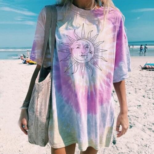 Women T Shirt Sun Print Hipster Costume Short Sleeve Female Tshirt Summer 2020 O-neck Mid-length Tee Shirt Kleding Vrouwen