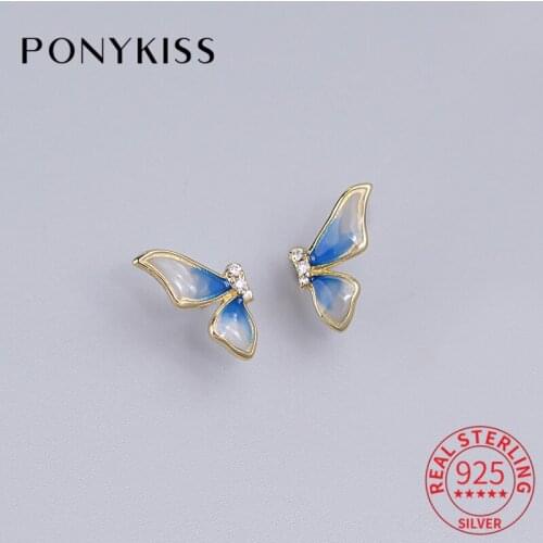 PONYKISS Real 925 Sterling Silver Unique Feather Zircon 14K Gold Stud Earrings For Women Trendy Fine Jewlry Gift Drop Shipping