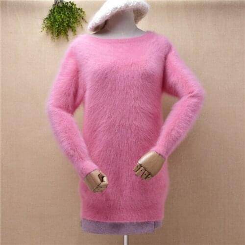 Ladies women winter fashion sweet pink hairy mink cashmere knitted long sleeves loose pullover angora rabbit hair sweater pull