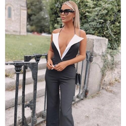 New 2021 Women Sexy Designer Patchwork Halter Boot Cut Cotton Jumpsuit High Street Celebrity Party Jumpsuit Rompers 148CM
