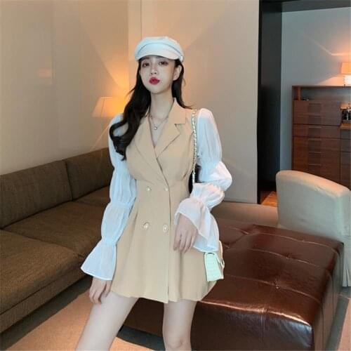 Bella Philosophy 2020 Spring Women Double Breasted Patchwork Dress OL Turn Down Collar Dress Female High Waist A-line Vestidos