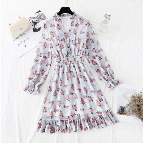 2021 Summer Dress Women Vintage Sexy V-neck Lotus sleeve Floral Mini Dress Bohemian Beach Ruffled Chiffon Dress Casual Vestido