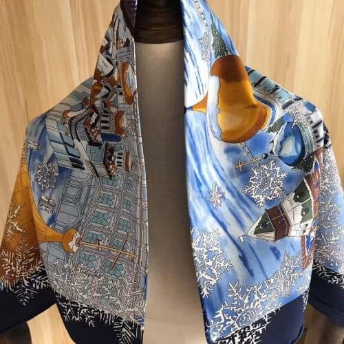 2021 new arrival winter spring classic blue snow 100% real silk scarf twill hand made roll 90*90 cm shawl wrap for women lady