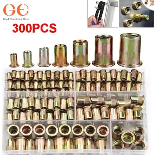 300pcs M3 M4 M5 M6 M8 M10 M12 Zinc Plated Carbon Steel Knurled Nuts Rivnut Flat Head Threaded Rivet Insert Nutsert Cap Rivet Nut