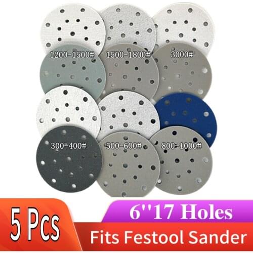5Pcs Flocking Sponge Sanding Disc Sandpaper 6 Inch 17-Hole 300-3000 Grit for Polishing & Grinding Power Tools Accessories