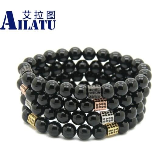 Ailatu Wholesale 10pcs/lot 8mm Black Onyx Stone with Rectangle Micro Inlay Black Zircon Mens cz Beads Bracelets Gift