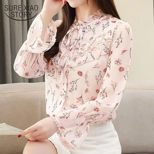 2020 Spring Fashion Women Blouses Ruffles Chiffon Blouse Floral Bow Flare Sleeve Ladies Tops Blusas Femininas Shirts Top 8036 50