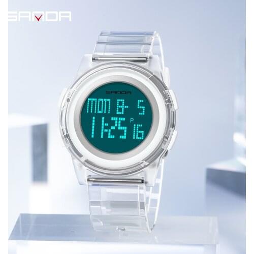 Sanda Trendy Sports Mens Electronic Watch TPU Transparent Strap Large Dial For Women Fashion Digital Wristwatch часы женские