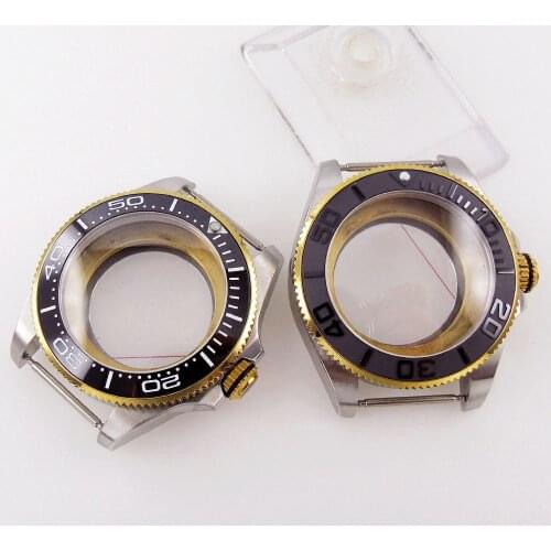 For NH35 NH36 Miyota 8215 821A ETA 2836 43mm Watch Case Parts Sapphire Crystal Gold Plated Rotating Bezel Screw In Crown