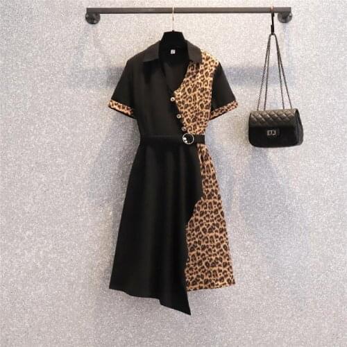 File ammunition shoot fat mm summer new big yards of cultivate ones morality show thin elegant leopard patchwork dress