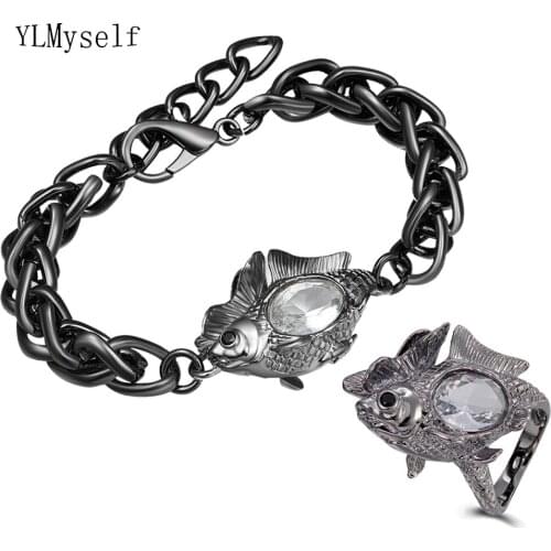 Hiphop Big Chain Bracelet Ring Sets Big Fish Animal Design Clear Crystal Cool Gun Black 2 pcs Jewelry sets for women