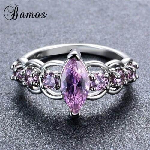 Bamos Elegant Geometric Cubic Zirconia Horse Eye Shaped Birthstone Rings For Women White Gold Filled Pink/Purple/Red/Black Ring