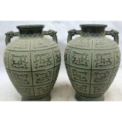 Collectible bronze S2102 10" Chinese Dynasty palace Bronze Beast handle Crock flower Bottle Vase Pair