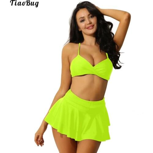 TiaoBug Women Summer Pure Color 2Pcs Bikini Sets Swimsuit Sexy V Plunge Bra Ruffle Skirt With Knicker Swimwear Swimsuit