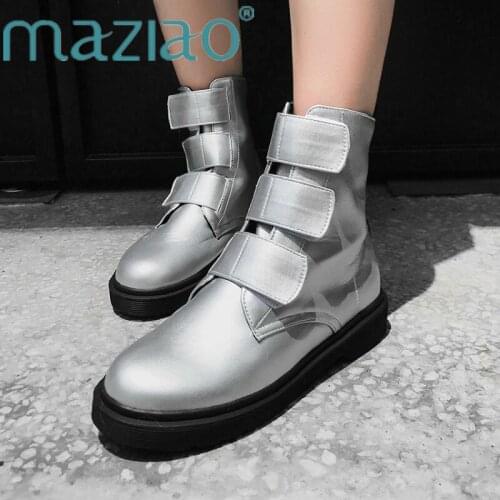 Punk Platform Leather Boots Casual Chelsea Student Black Silver Ankle Short Mid-Calf Boots with Thick Botas Mujer MAZIAO
