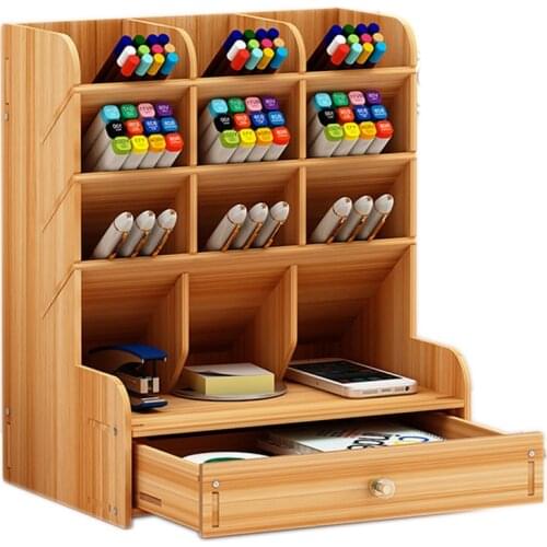 Multifunctional Wooden 13 Grid Desktop Bracket Pen Pencil Storage Box Pencil Creative Pen Small Lattice Desk Display Stand