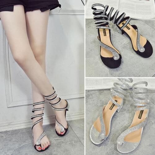 Fashionable ankle bracelet snake-shaped sandals student rhinestone toe clip thick and versatile Gladiator shoes