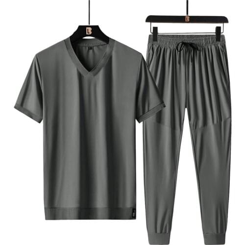 2021 New Summer Men Sets High Quality Ice Silk V-neck Short-sleeved T-shirt Sets Sports Suit Mens Quick-drying Thin Men Clothes