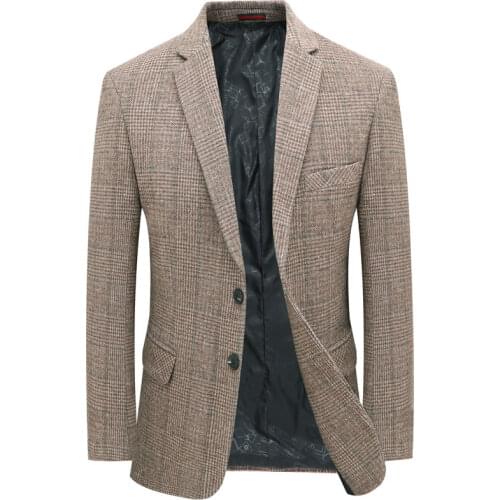 Man Wool Tweed Blazer Plaid Woolen Fabric Jacket Suit Navy Blue Camel Gray Costumn Homme Notched Collar Cuff Button Design Coats