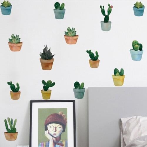 Water Color Cactus Potted Wall Sticker Living Room Background Decoration Mural Bedroom Decals Home Decor Stickers PVC Wallpaper
