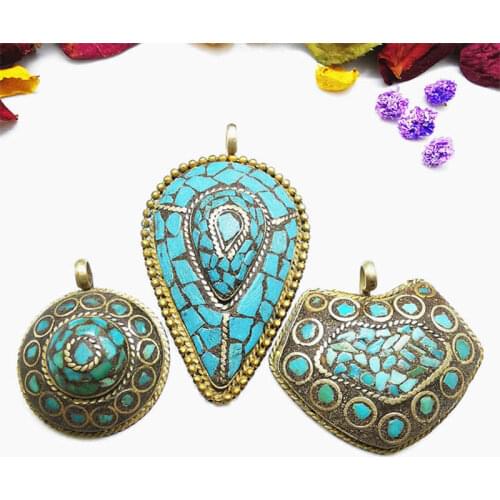 Nepal Vintage Hand Jewelry Brass Inlaid Turquoises Golden Big Pendants Multi Designs TBP200