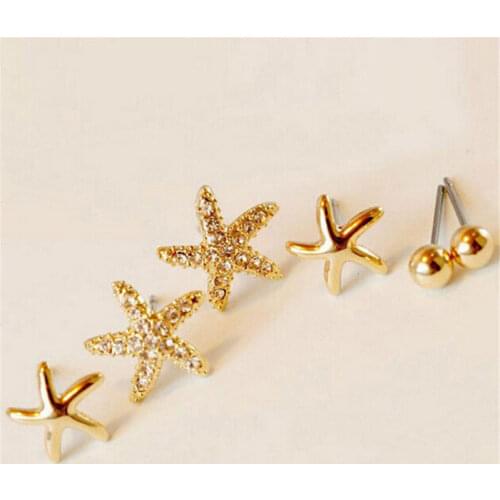 New Arrival Fashion Elegant 3 Pairs/set Rhinestone Starfish Stud Earrings For Women Accessories Girls Wholesale Star