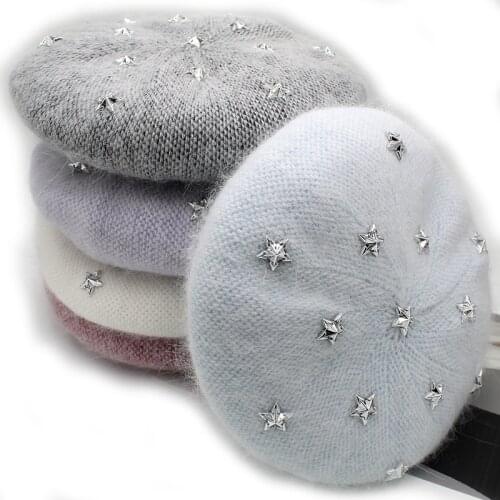 [Onidfurow] Fashion New Women Angora rabbit Solid Color Beret Female Bonnet Caps Winter All Matched Warm Walking Hat with stars