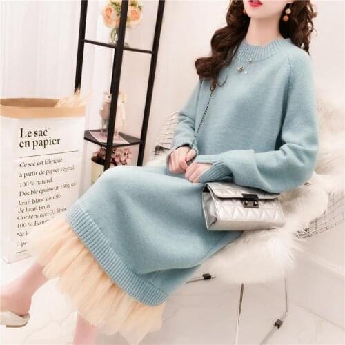 Women Loose Long Knitted Sweater Dress Mesh Maxi Sweet Dress Winter Fairy Full Sleeve Autumn Wear O Neck Thick Bottom One Piece