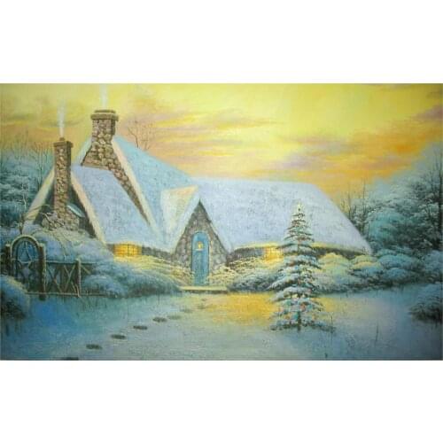 Living room home wall decoration fabric poster Painting Thomas Kinkade picture Christmas Tree Cottage Winter the cottage fence