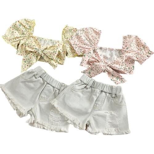 New Girl’s Casual T-shirt and Shorts Set Fashion Floral Knotted Tops and Ripped Denim Short Pants