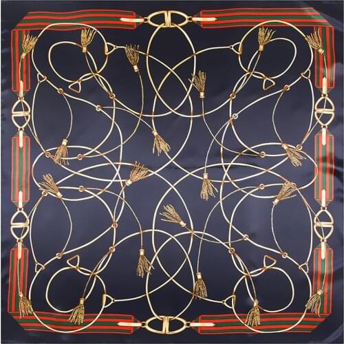 POBING Luxury Brand Silk Scarf Women Square Head Scarves Spain Chain Shawl&Wrap Hijab Lady Bandana Female Silk Foulard 90x90cm