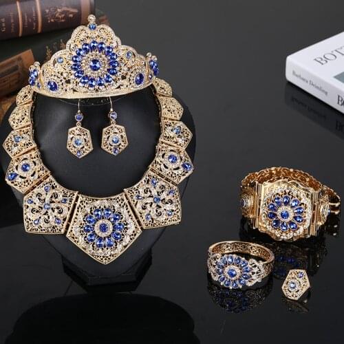 Luxury Wedding Jewelry Set Color Crystal Necklace For Women Arab Muslim Dress Jewelry Six-Piece Set Of Jewelry Sets