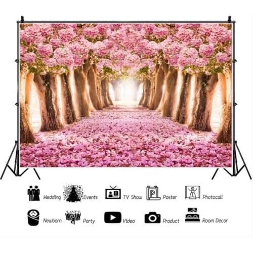 Pink Flowers Trees Covered with Flowers Road Couples Wedding Decoration Background Studio Photography Photos Can Be Customized