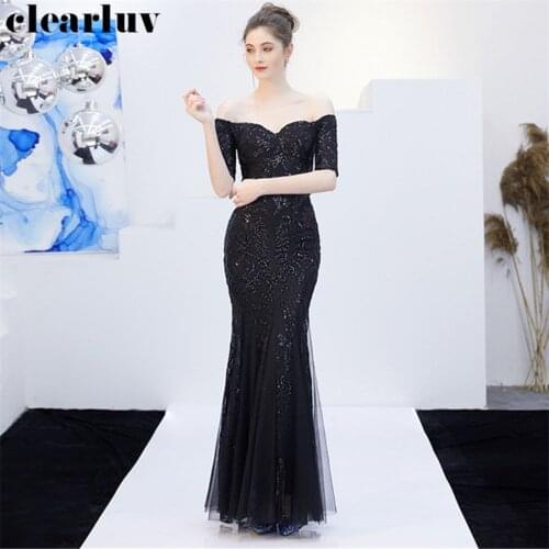 Off The Shoulder Mermaid Dress Plus Size Women Party Dress DX272 Black Robe De Soiree 2019 Long Sequined Elegant Evening Dresses