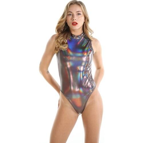 4XL Plus Suze Sexy Bodysuit Shiny Metallic PU Leather Erotic Lingerie Elastic Backless Luster Laser Fabric Sexy Lingerie Summer