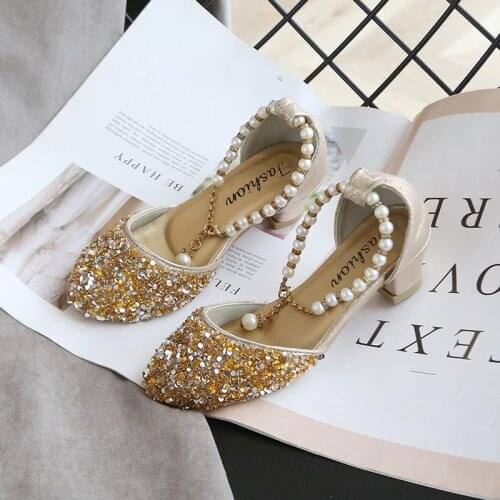 Kids Shoes for Girl Princess with Heels Fashion Sequins Pearl shiny Party Shoes Children Girls Leather Shoes SMG047