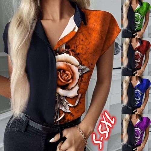 Harajuku 2021 Summer New Ladies Fashion Rose Floral Print V-Neck Button Stitching T-Shirt Slim Plus Size Women Clothing