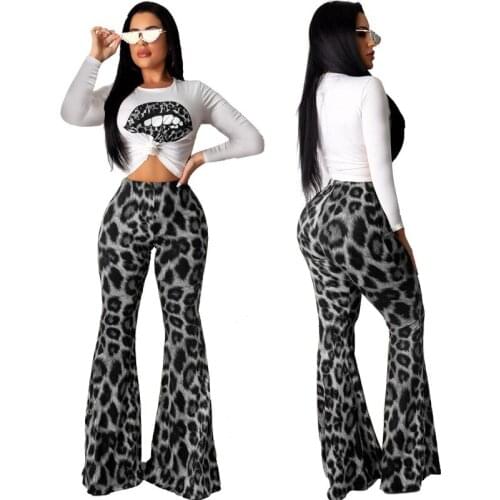 Two Piece Set Women Festival Clothing Leopard Lips Print Tops Cheetah Flare Pants Matching Sets Sexy 2 Piece Outfits HAOOHU