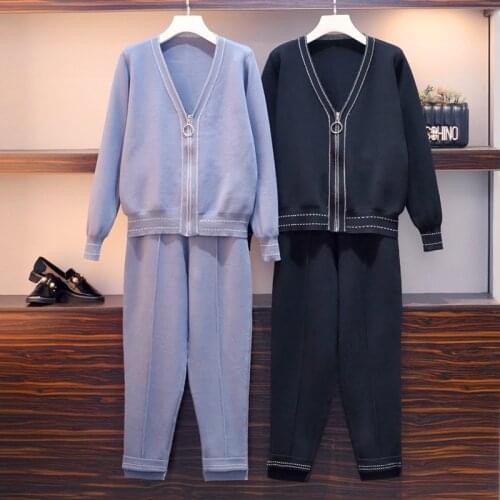 2021 Spring Knitted Two Piece Sets Women Large Size Loose Knitted Coat + Pants Female Solid V-neck Sporting Suit Womens Clothing
